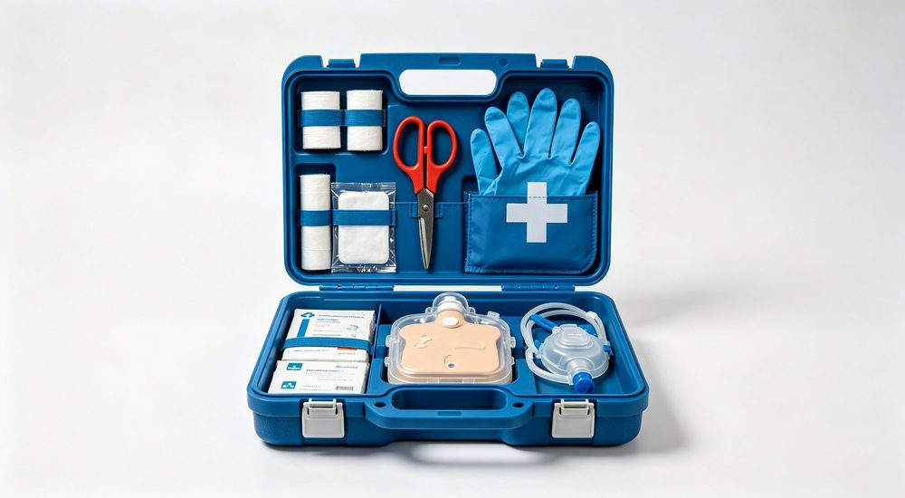School classroom scene with general first aid kit, student safety medical supplies, comprehensive emergency kit for educational institutions and daycare