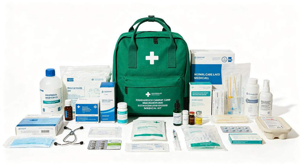 Wide view of green refugee camp primary care medical backpack with maternal health supplies vitamins bandages, white background product photography, bright lighting