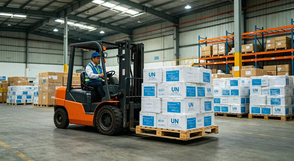 Wide warehouse scene of pallets of disaster relief kits being loaded with forklift by Asian logistics coordinator, UN procurement medical supply