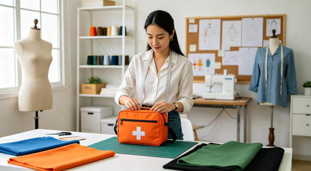 Wide design studio view of Asian female designer measuring orange first aid bag with fabric samples orange blue green black on table