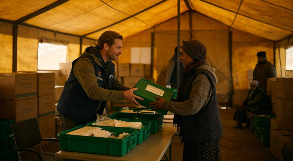 Wide humanitarian scene of European aid worker handing green medical kit to community member at refugee camp distribution point, warm tent lighting Wide humanitarian scene of European aid worker handing green medical kit to community member at refugee camp distribution point, warm tent lighting