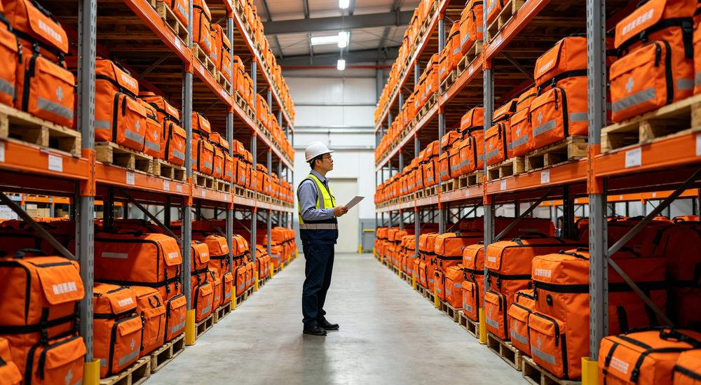 Wide warehouse view of rows of orange disaster relief kits on industrial shelving with Asian warehouse manager inspecting, government civil defense stockpile