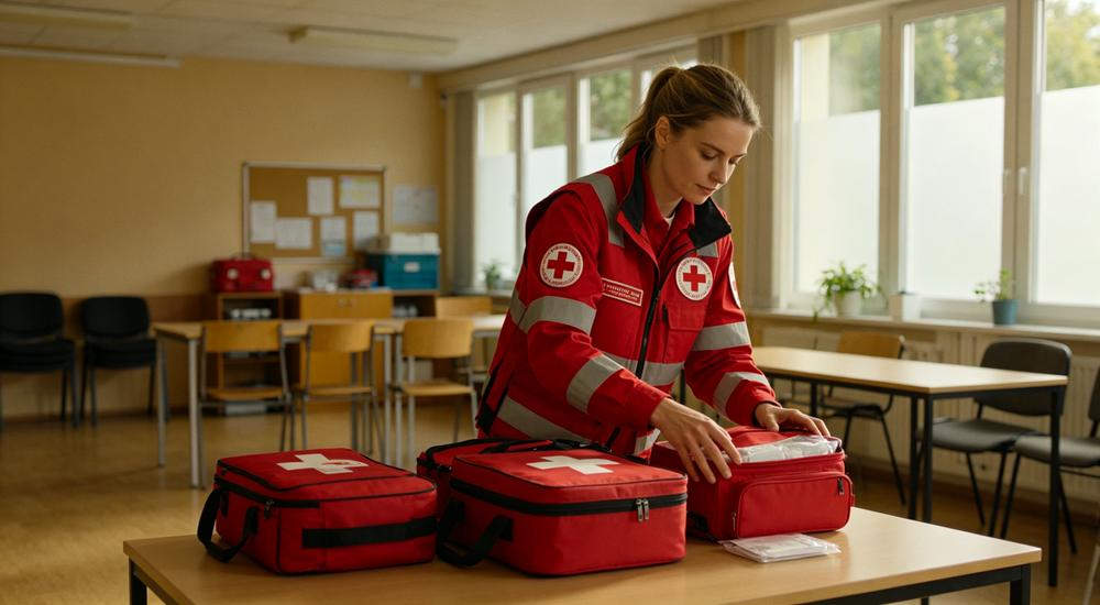 Wide community center scene of European female paramedic in red vest organizing first aid kits, Red Cross medical response professional healthcare