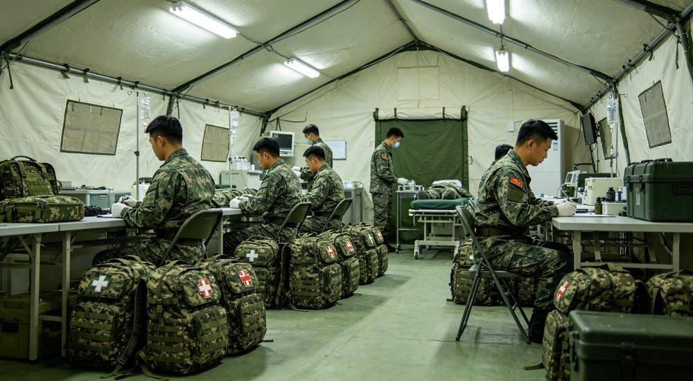 Wide bright tent scene of camouflage medical backpacks deployed by Asian medics at military field medical station, clinical setup, no weapons Wide bright tent scene of camouflage medical backpacks deployed by Asian medics at military field medical station, clinical setup, no weapons