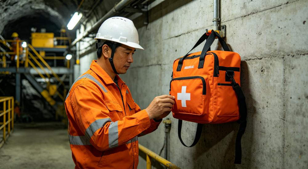 Wide industrial scene of orange heavy-duty first aid bag on wall at mining site with Asian safety officer checking, industrial background