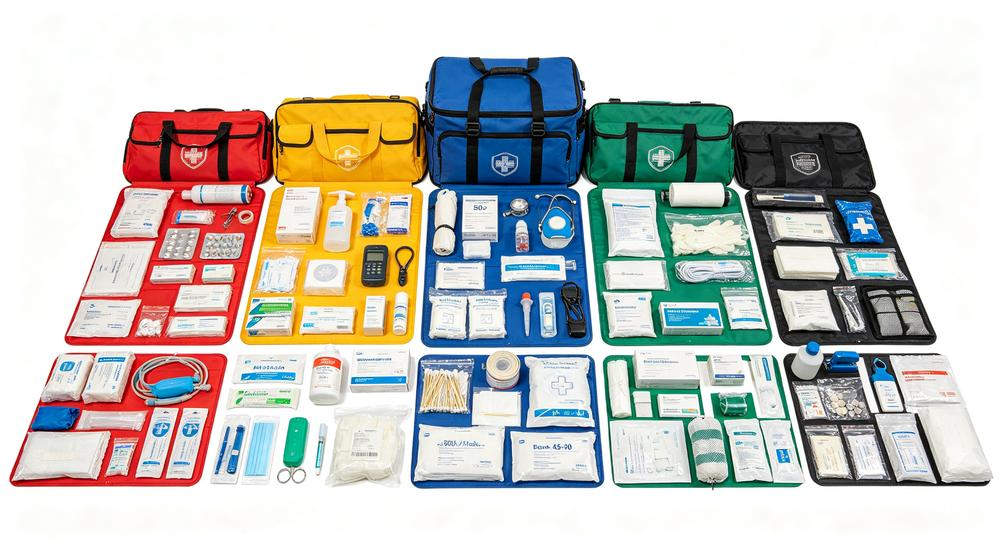 Top-down flat lay of 50-person disaster relief medical kit fully opened showing 45-60 items in color-coded modules, white background, bright lighting