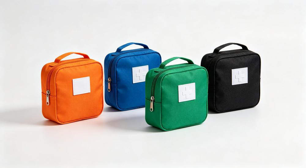 Wide product view of custom branded first aid kits in multiple colors orange blue green black each with white cross and blank logo patch, white background