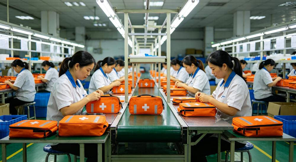 Wide factory production line scene of Asian female workers assembling orange first aid bags at organized manufacturing, bright industrial lighting