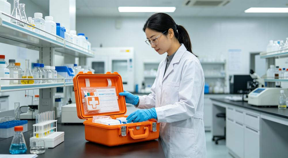 Wide laboratory scene of Asian female inspector with blue gloves checking open orange first aid kit, quality control inspection, clean environment Wide laboratory scene of Asian female inspector with blue gloves checking open orange first aid kit, quality control inspection, clean environment