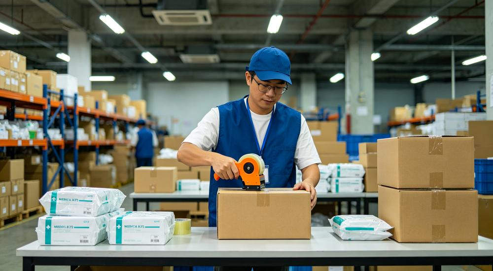 Wide packing station scene of Asian warehouse worker sealing cartons with tape gun, packaging shipping medical kits for export, organized warehouse bright industrial lighting