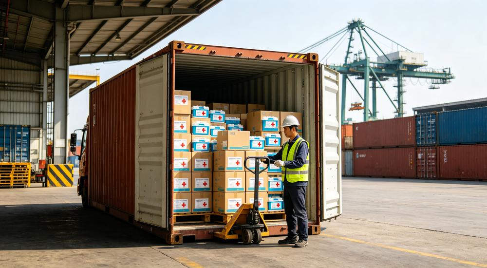 Wide port terminal scene of 20ft shipping container filled with cartons of first aid kits with Asian warehouse supervisor, sea freight container loading