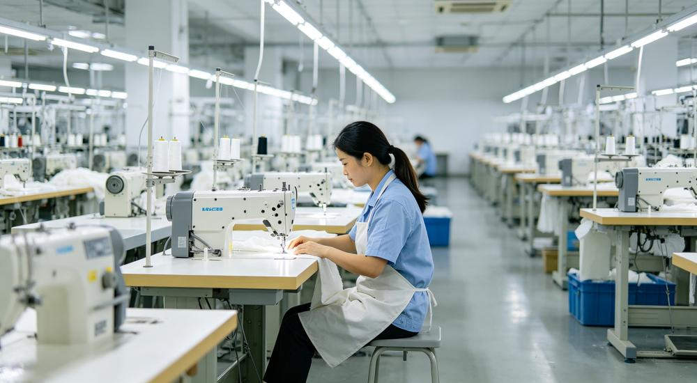Wide textile factory scene of Asian female worker operating industrial sewing machine, clean modern factory rows of machines, bag production