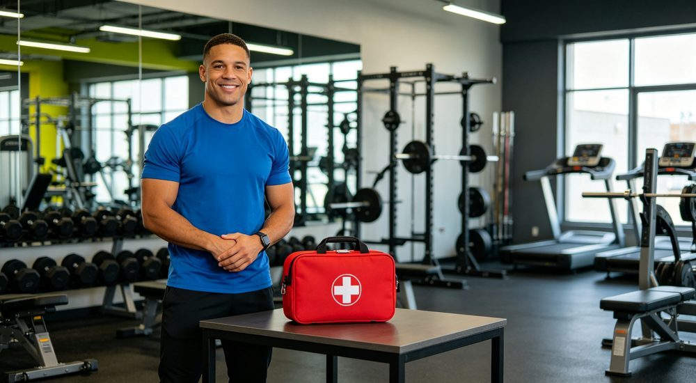 Retail store scene with general first aid kit, customer and employee safety station, comprehensive emergency supplies for commercial retail environments Retail store scene with general first aid kit, customer and employee safety station, comprehensive emergency supplies for commercial retail environments