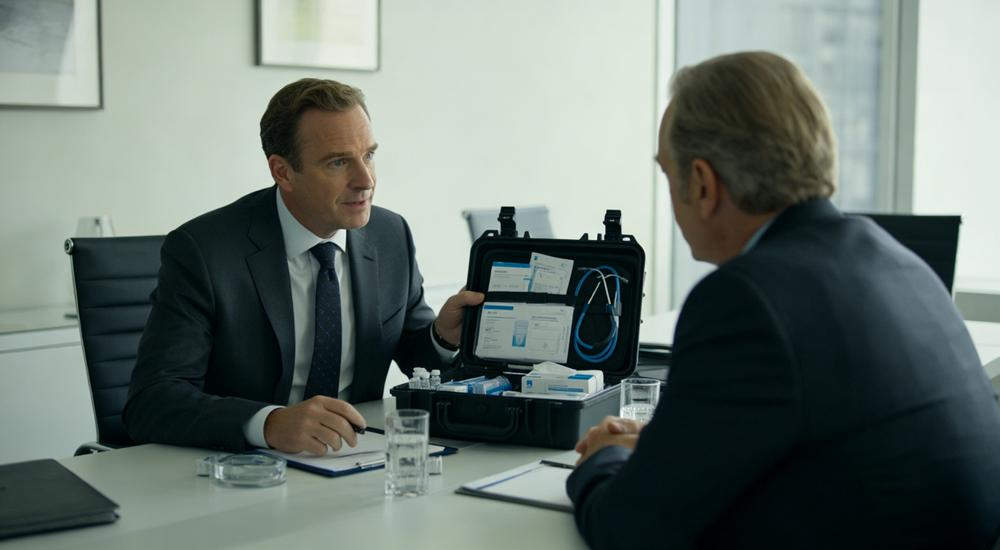 Wide meeting room scene of European male sales manager showing medical kit samples to business client, procurement consultation professional business, bright office lighting