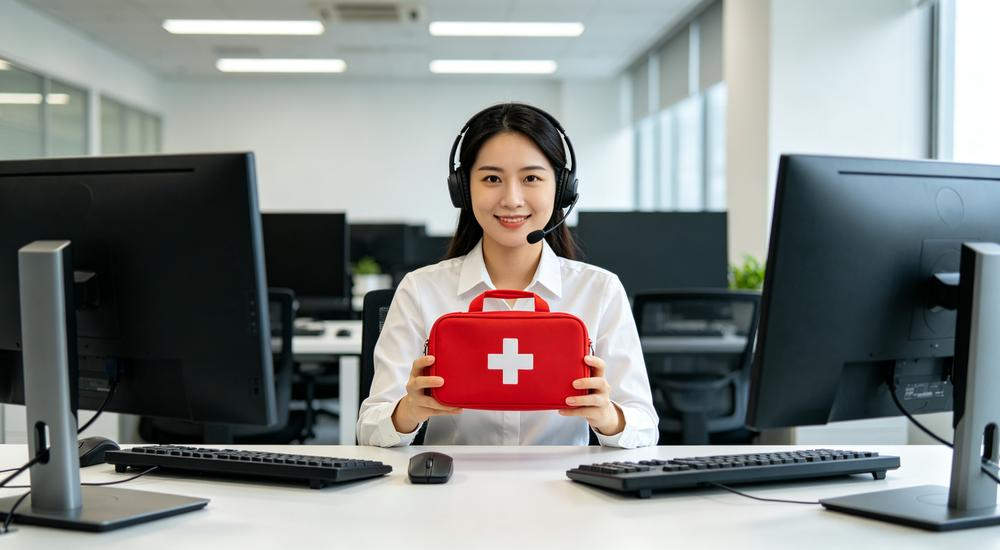 Wide modern office scene of Asian female customer service representative with headset holding red first aid kit, FAQ support, computers background