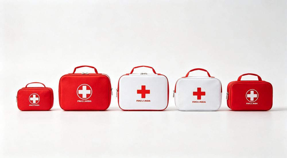 Hotel hospitality scene with general first aid kit, guest safety medical supplies, emergency kit for hotel rooms and front desk safety stations