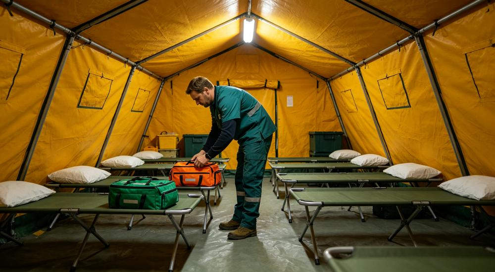 Wide bright tent interior scene of European aid worker organizing orange green medical kits at emergency shelter, humanitarian relief, bright lighting