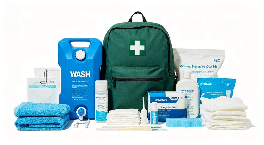 Wide product arrangement of blue water purification system and hygiene supplies with green first aid backpack, WASH hygiene kit, white background
