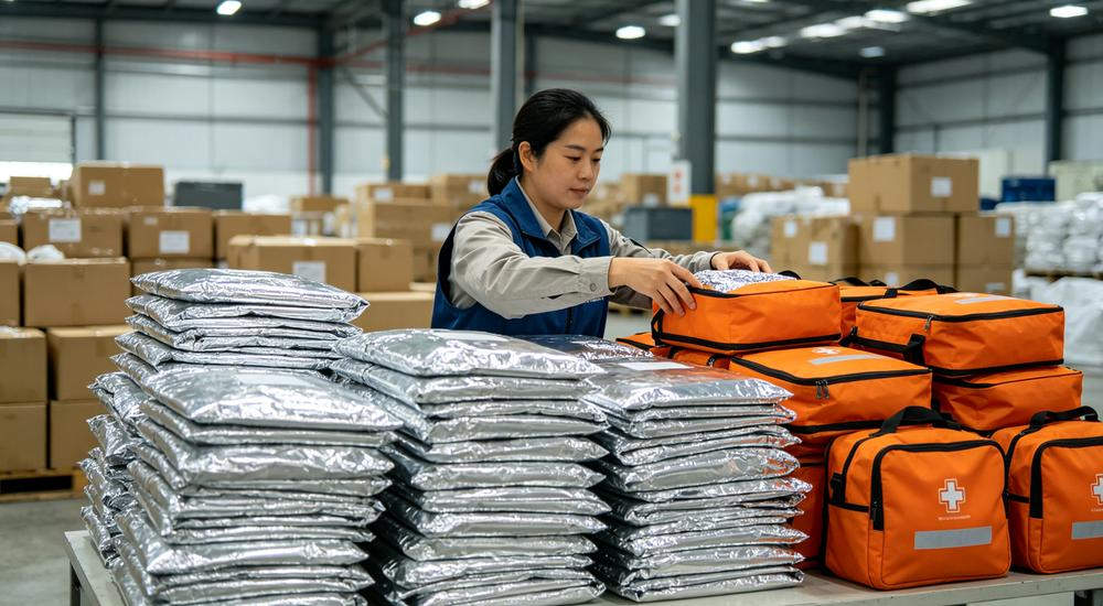 Wide warehouse scene of stacks of silver emergency thermal blankets with orange medical kits, Asian aid worker organizing, relief supplies
