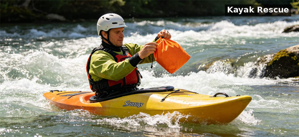 Manual throw bag orange kayak rescue scene for institutional procurement, inspection and supply planning