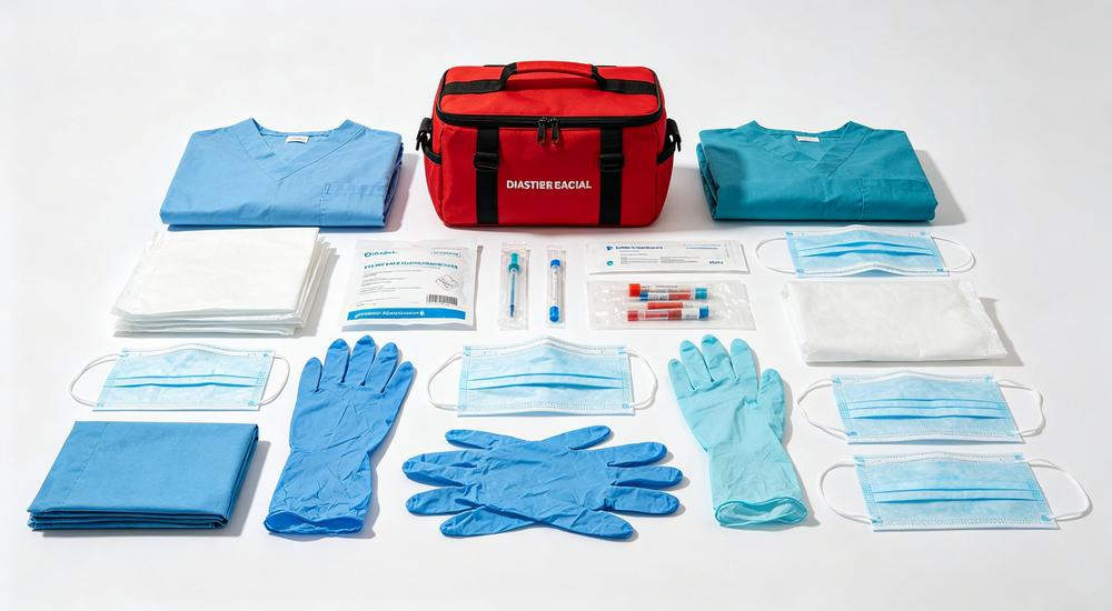 Wide product view of PPE supplies gloves masks gowns organized with disaster relief medical kit, white background product shot, bright lighting