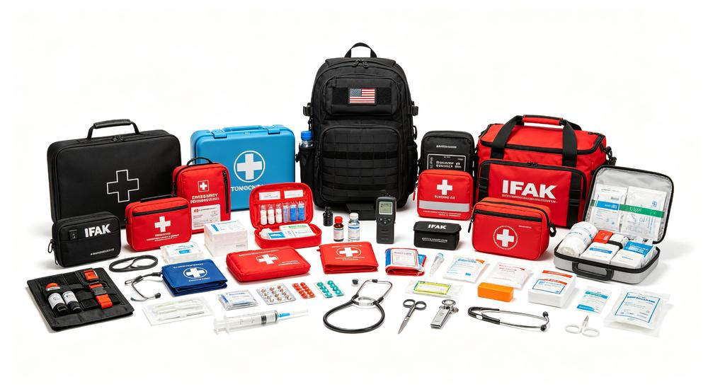 Wide product collection of various emergency response kits trauma kit IFAK pouch first aid backpack medical case arranged, white background studio