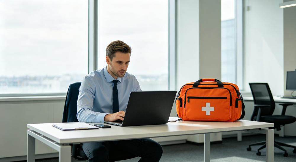 Wide modern office scene of European male professional using laptop with orange first aid backpack on desk, inquire CTA business, bright window light