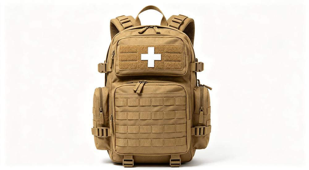 Product front view of coyote brown tactical medical backpack with white cross emblem, MOLLE webbing, multiple compartments, white background studio