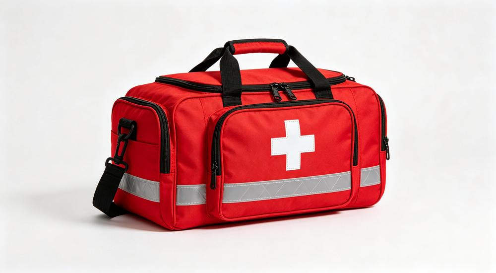 Product wide view of red emergency medical bag with reflective strips and white cross, high visibility design, white background studio, bright lighting
