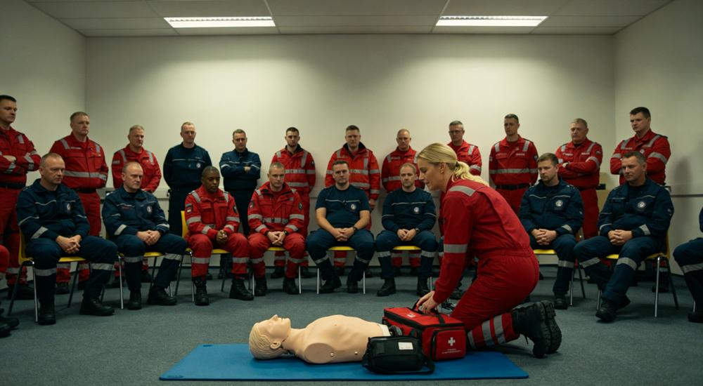 Wide training room scene of European female instructor demonstrating first aid kit to group of responders, medical kit deployment training, bright lighting