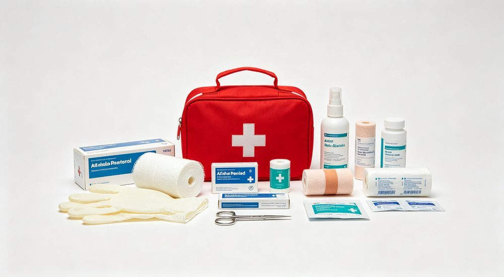 General first aid kit with adhesive bandages assortment, multiple sizes and shapes, comprehensive wound care supplies for everyday minor injuries