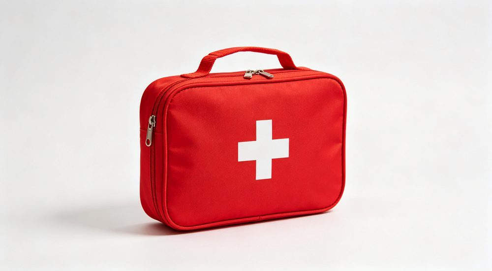 General first aid kit with medication assortment, pain relievers and antacids, comprehensive wellness supplies for workplace and public area comfort
