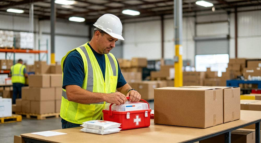 General first aid kit in white color, clean professional appearance, emergency medical kit for office and healthcare environment aesthetics for professional emergency response teams and workplace safety programs