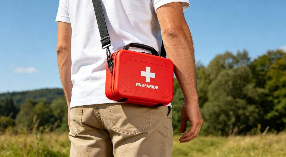 General first aid kit in blue color, professional safety appearance, emergency kit for corporate and industrial workplace settings for professional emergency response teams and workplace safety programs