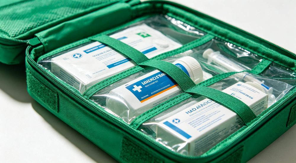 General first aid kit bulk packaging display, multiple kits ready for wholesale, large quantity availability for B2B safety equipment distributors
