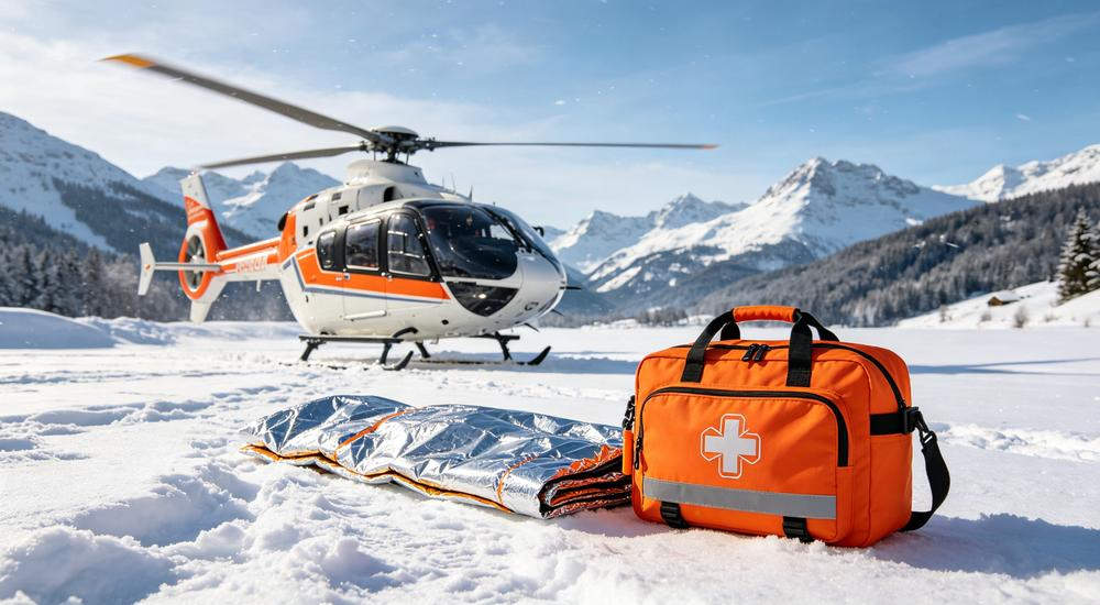 Wide snowy outdoor scene of orange medical kit with thermal blanket next to rescue helicopter, winter storm emergency response, European responder, bright daylight