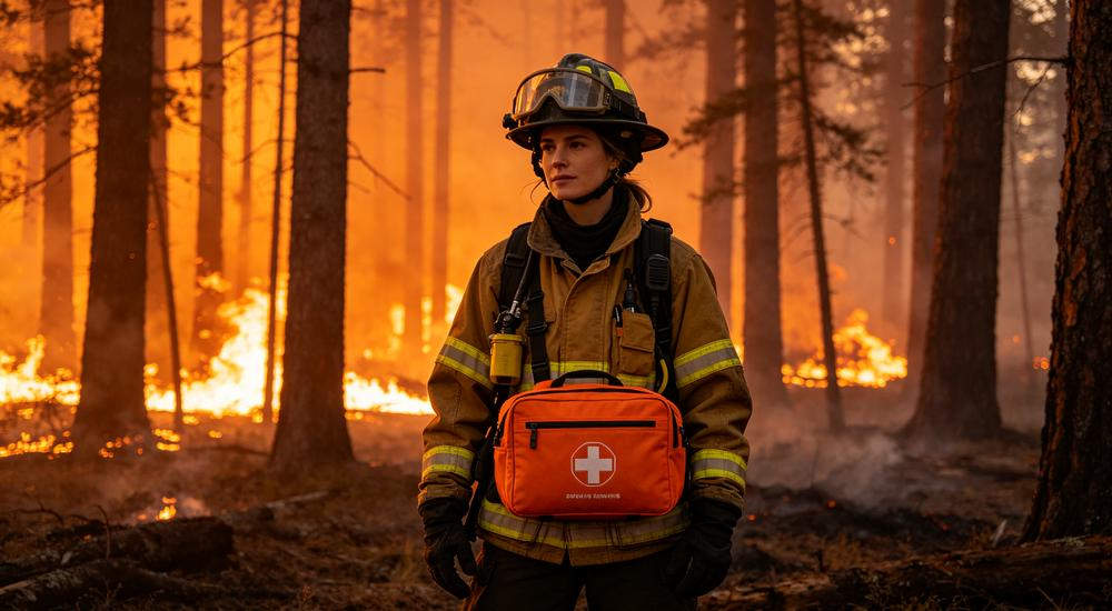 Wide forest scene of orange medical kit with burn dressings carried by European female firefighter in protective gear during wildfire response, smoky orange glow