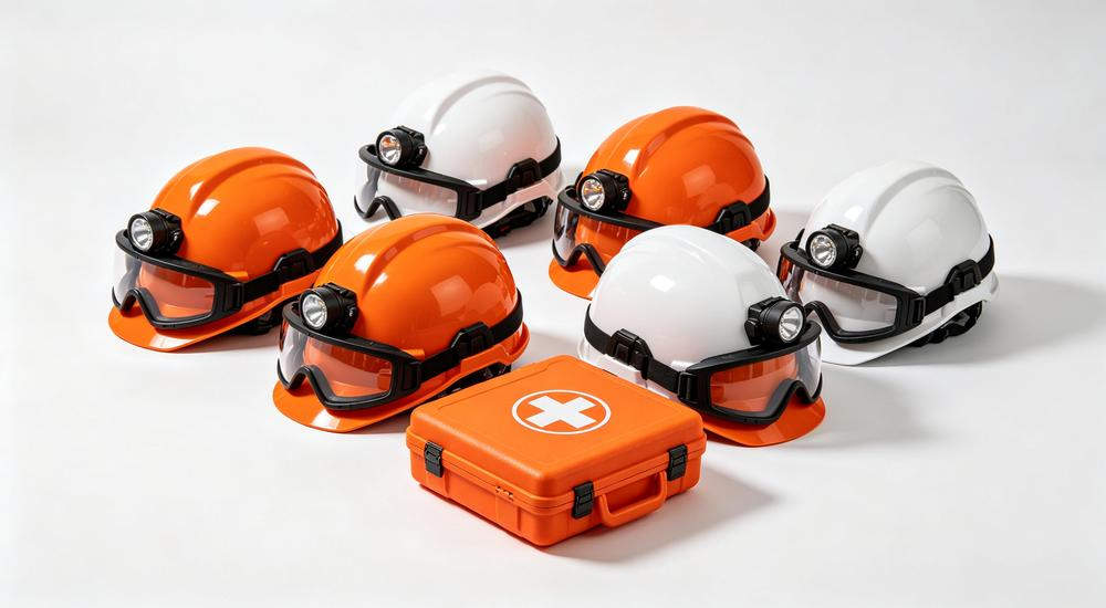 Wide product view of orange white rescue safety helmets with visors headlamps arranged with orange first aid kit, white background studio