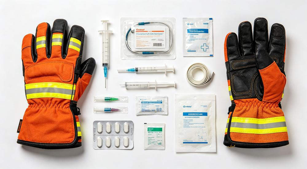 Wide product view of heavy-duty leather firefighter rescue gloves orange black yellow arranged with medical supplies, white background product shot