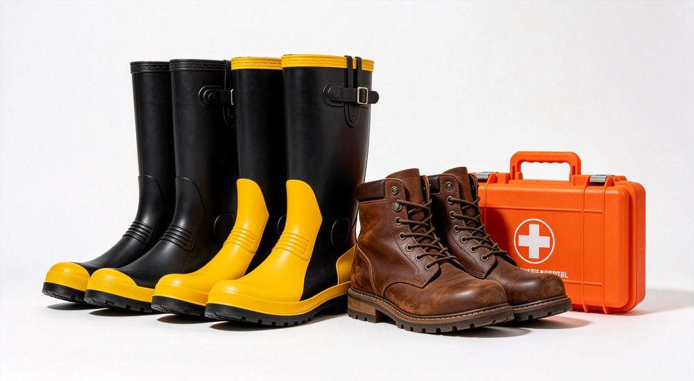Wide product view of firefighter boots collection tall rubber fire rain boots black yellow plus brown leather combat boots with orange first aid kit, white background