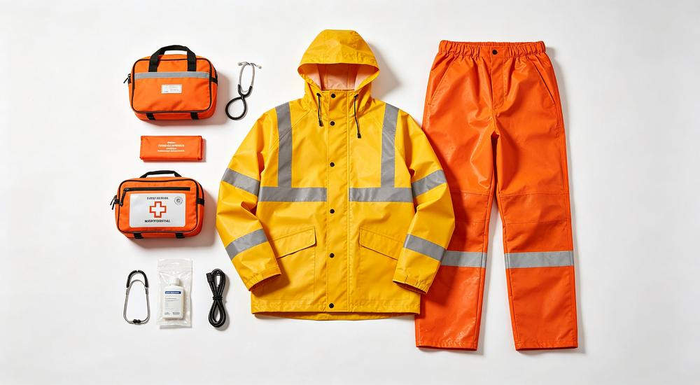 Wide product view of orange yellow high-visibility rain jackets pants rain gear waterproof rescue suits arranged with disaster relief medical kit, white background