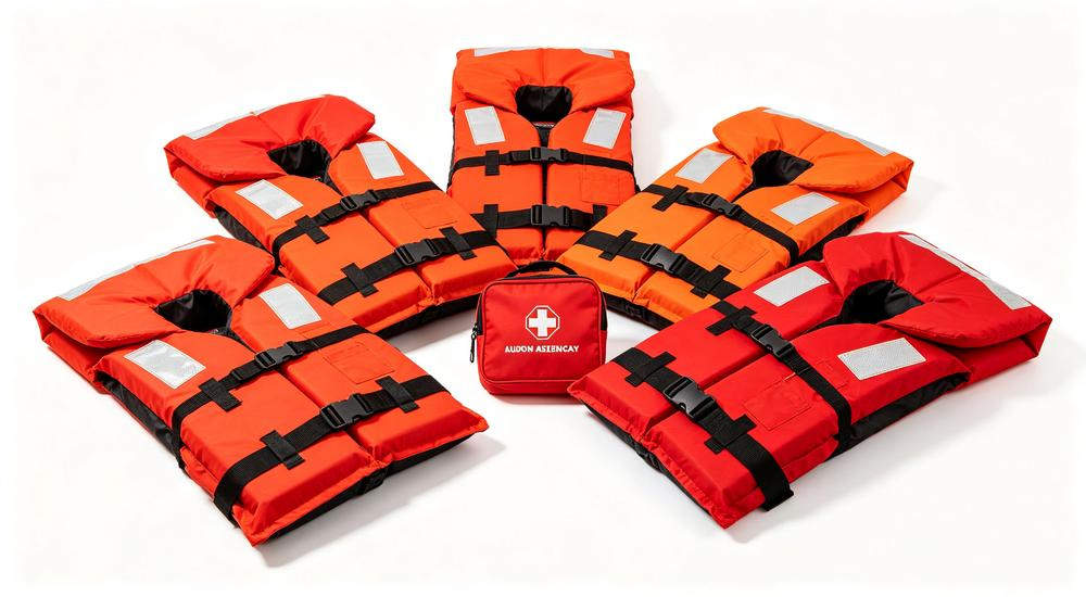 Wide product view of orange red life jackets personal flotation devices arranged with flood response medical kit, white background studio