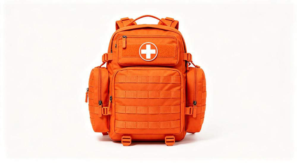 Product front view of orange heavy-duty search and rescue backpack with multiple compartments MOLLE webbing and white cross, white background studio