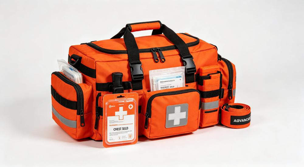 Product wide view of large orange advanced trauma kit with tourniquet chest seals visible, organized trauma supplies, white background studio