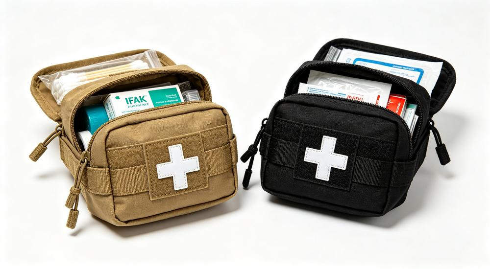Wide product view of two IFAK individual first aid kit pouches coyote brown and black each with white cross MOLLE both opened showing supplies, white background