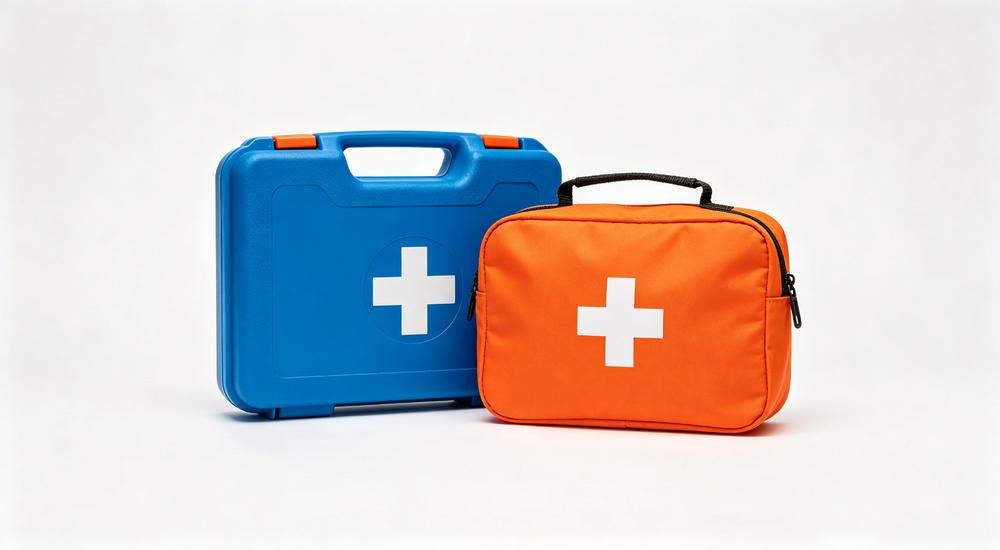 Wide product view of two general purpose first aid kits blue hard case and orange soft bag both with white cross arranged together, white background studio
