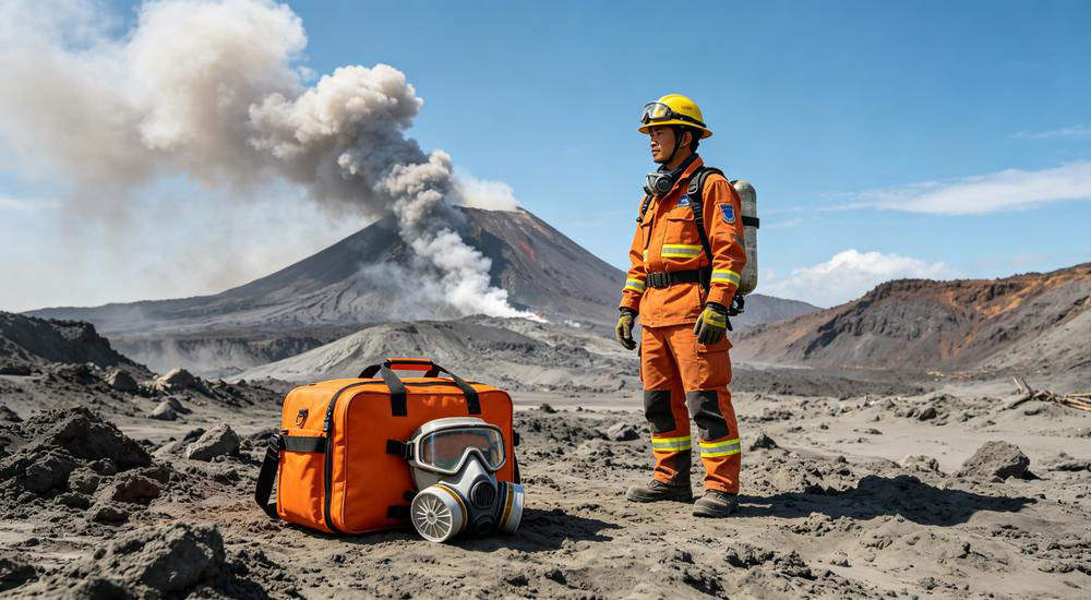 Wide volcanic landscape scene of orange medical kit with respiratory masks goggles next to Asian responder at volcanic ash disaster response, bright daylight Wide volcanic landscape scene of orange medical kit with respiratory masks goggles next to Asian responder at volcanic ash disaster response, bright daylight