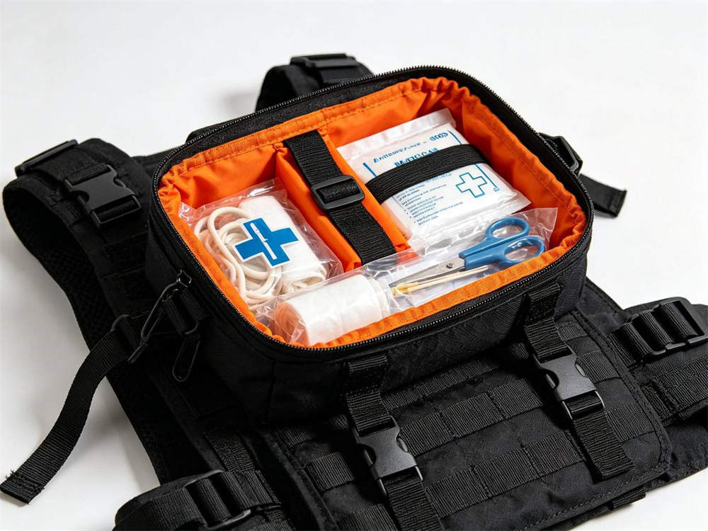 Close up studio shot of open black tactical medical pouch with bright orange interior lining and organized elastic loops holding bandages gloves and trauma supplies on white background