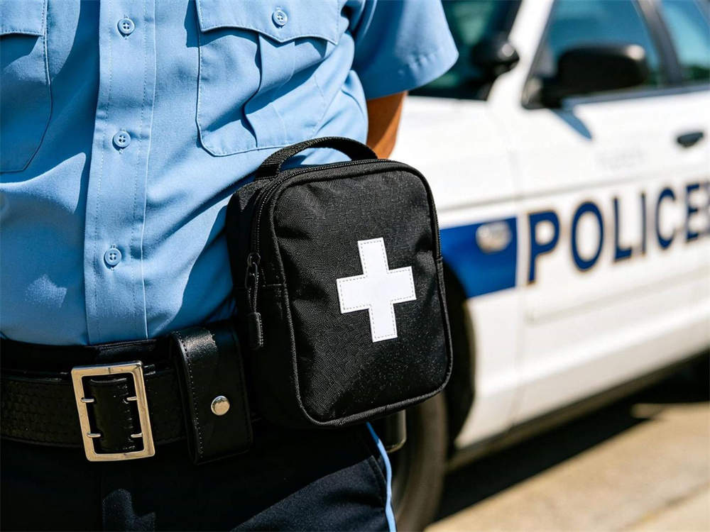 Medium shot of law enforcement officer in light blue uniform shirt with black medical pouch featuring white cross on duty belt next to white police vehicle on urban street bright daylight
