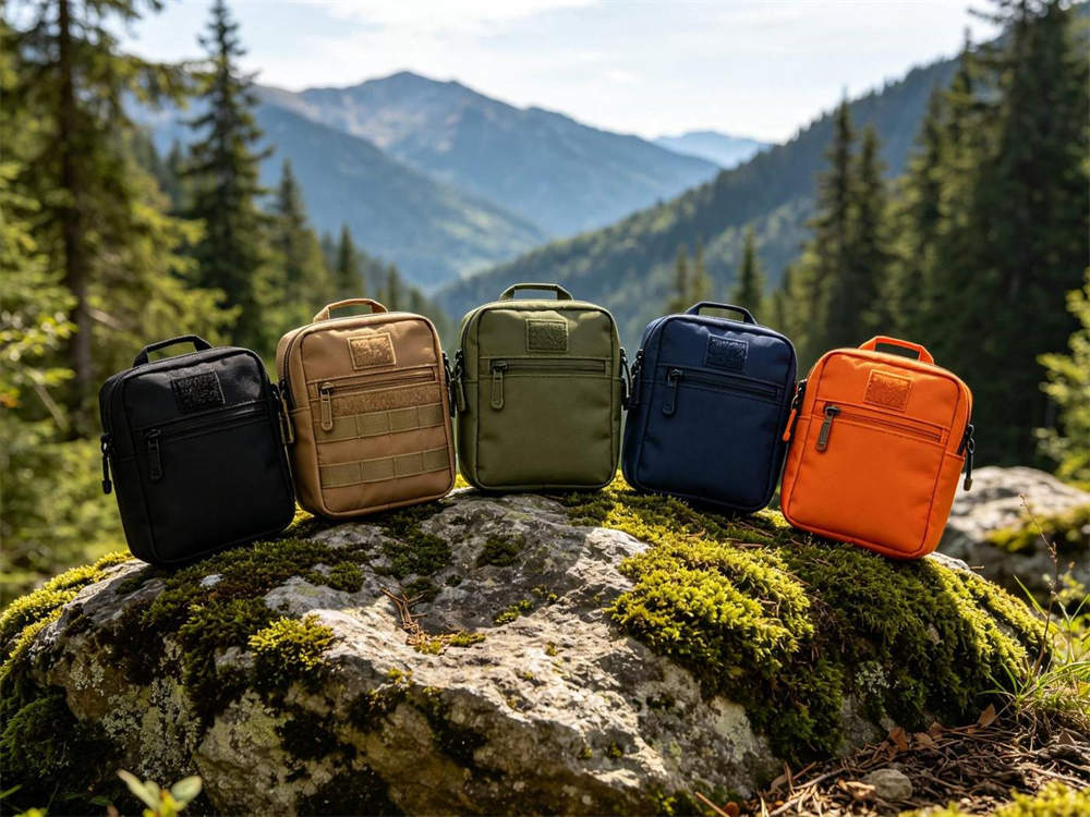 Wide angle outdoor mountain forest scene with five different colored first aid medical pouches arranged on mossy rock overlooking alpine valley with pine trees and bright natural daylight
